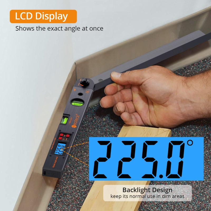Neoteck Aluminum Digital Angle Finder Protractor 225Â° 16 inch Backlit LCD Digital with Horizontal and Vertical Bubble - Black - Image 4